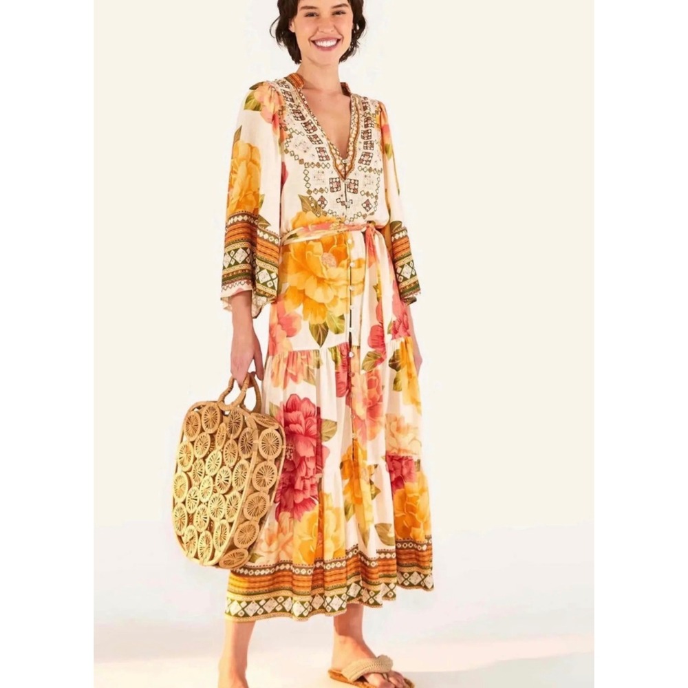 Farm Rio Floral Embroidered Maxi Dress V-Neck Bell Sleeve Tiered Boho Yellow S
